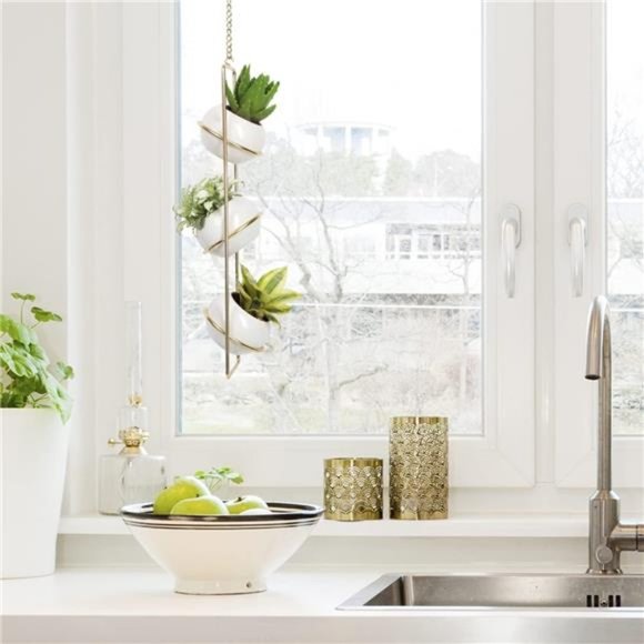 Hanging Planter for Indoor Plants, Boho Vertical Ceiling Plant Gold Metal Hanger - Picture 3 of 7